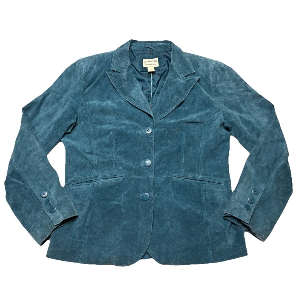 Vintage St Johns Bay Suede Jacket Womens L Blue Teal Blazer Button Front Coat